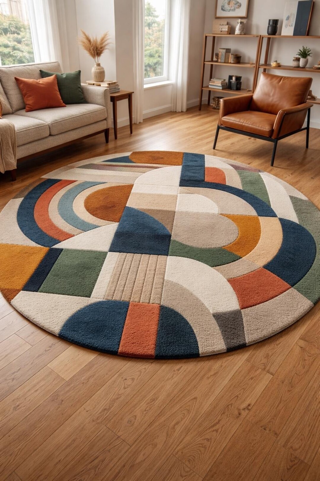 Eclectic Round Wool Rugs Hand Tufted Wool Round Geometric Rug, Colorful Designer Living Room ...
