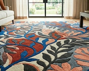Hand Tufted Wool Floral Area Rug, Botanical Designer Carpet, Modern Nature Living Room Rug
