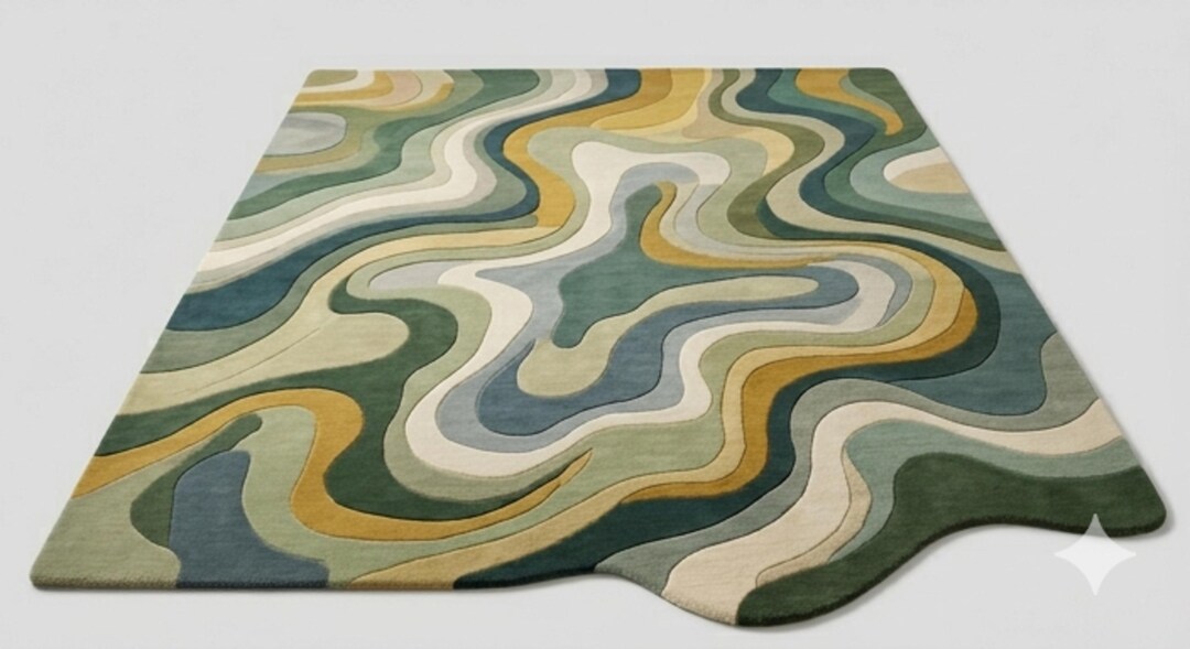 Hand Tufted Wool Rug, Organic Shape Modern Carpet, Green Beige Living ...