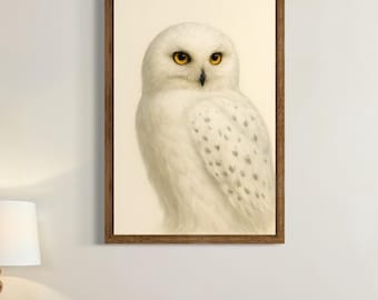 May include: A framed print of a snowy owl. The owl is depicted in a realistic style, with white feathers and yellow eyes. The frame is a dark brown color. The print is hanging above a wooden desk with a white chair.
