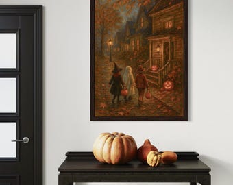 Trick-or-Treat Nostalgia – Vintage Halloween Night Oil Painting Print Poster