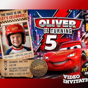 Cars Birthday Video Invitation with Photo, Personalized Lightning McQueen Invite, Animated Race Car Evite