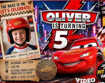 Cars Birthday Video Invitation with Photo, Personalized Lightning McQueen Invite, Animated Race Car Evite