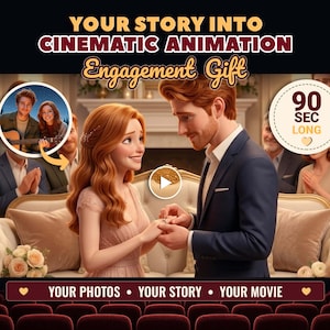 May include: A digital illustration of a couple engaged in a proposal, with text reading YOUR STORY INTO CINEMATIC ANIMATION Engagement Gift, 90 SEC LONG, and YOUR PHOTOS • YOUR STORY • YOUR MOVIE. The scene features a man placing a ring on a woman's finger.