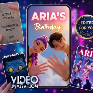 Op de afbeelding: Een digitale verjaardagsuitnodiging met de tekst "ARIA'S Birthday". De afbeelding bevat cartoon illustraties van twee mensen, en extra kaarten met evenement details en een "Video Invitation" bericht. Een ronde badge leest "Edited for You".