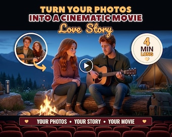 Könnte beinhalten: Eine digitale Grafik mit dem Text TURN YOUR PHOTOS INTO A CINEMATIC MOVIE Love Story. Sie zeigt ein animiertes Paar, das auf einem Baumstamm an einem Lagerfeuer sitzt, wobei eine Person Gitarre spielt. Ein kreisförmiger Einsatz zeigt ein echtes Foto des Paares, und ein Abzeichen zeigt 4 MIN LONG. Der untere Text lautet YOUR PHOTOS • YOUR STORY • YOUR MOVIE.