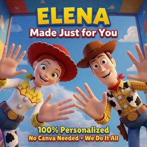 May include: Two animated cowboy figures, one with a red hat and one with a brown hat, waving against a blue sky. Text reads: ELENA, Made Just for You, 100% Personalized, No Canva Needed &bull; We Do It All. The figures wear yellow shirts and blue pants.