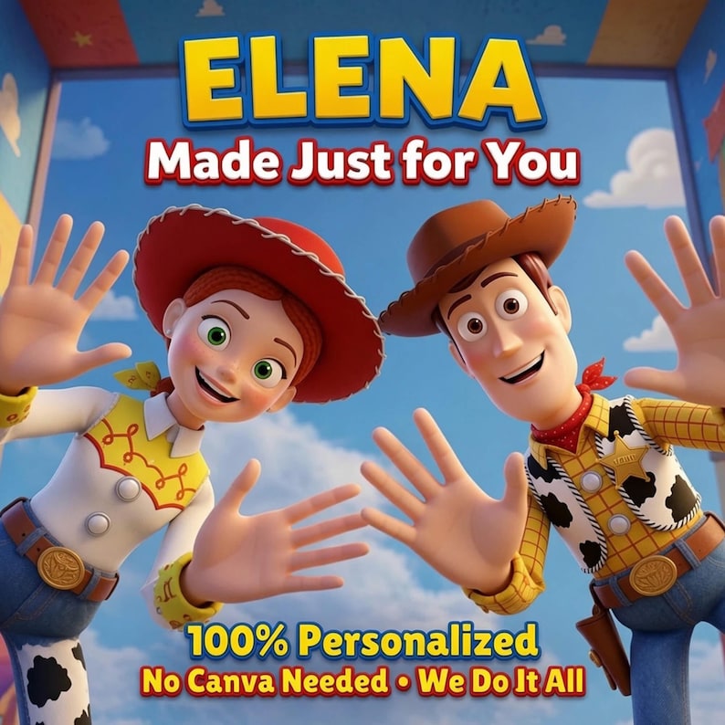 May include: Two animated cowboy figures, one with a red hat and one with a brown hat, waving against a blue sky. Text reads: ELENA, Made Just for You, 100% Personalized, No Canva Needed &bull; We Do It All. The figures wear yellow shirts and blue pants.