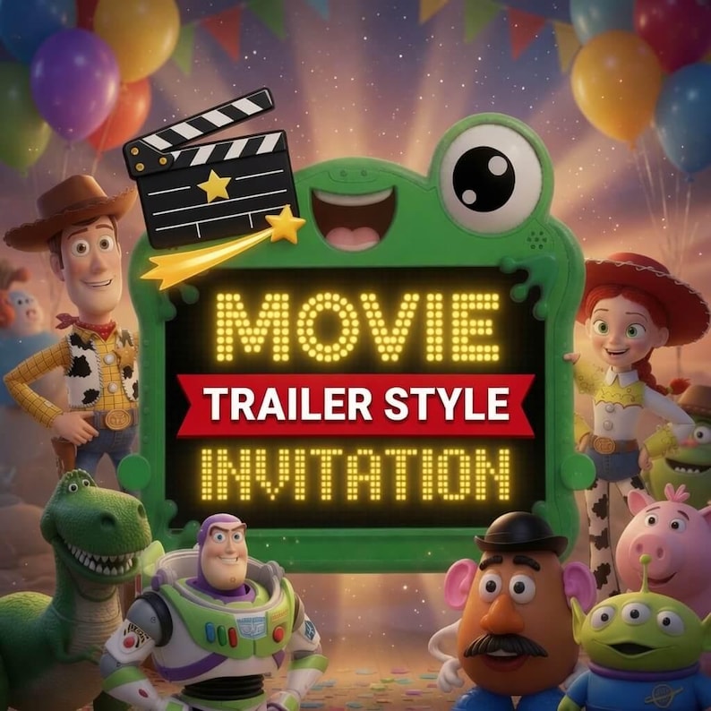 May include: A digital invitation graphic featuring a green frog-shaped frame with the text MOVIE TRAILER STYLE INVITATION, surrounded by animated characters including a cowboy, cowgirl, space ranger, dinosaur, potato figure, and pig, with balloons.