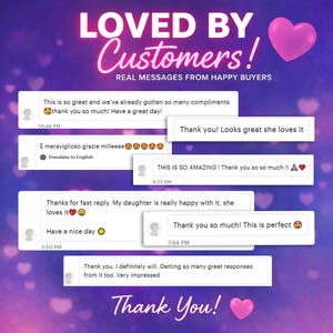 May include: A purple and pink graphic with the words "LOVED BY Customers!" and "REAL MESSAGES FROM HAPPY BUYERS." The image includes customer testimonials in speech bubbles, with a pink heart graphic.