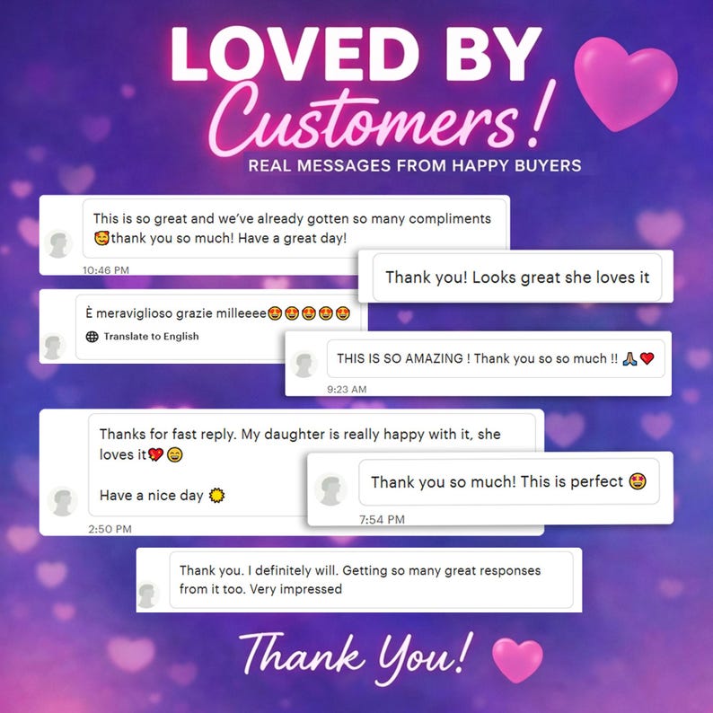May include: A purple and pink graphic with the words "LOVED BY Customers!" and "REAL MESSAGES FROM HAPPY BUYERS." The image includes customer testimonials in speech bubbles, with a pink heart graphic.