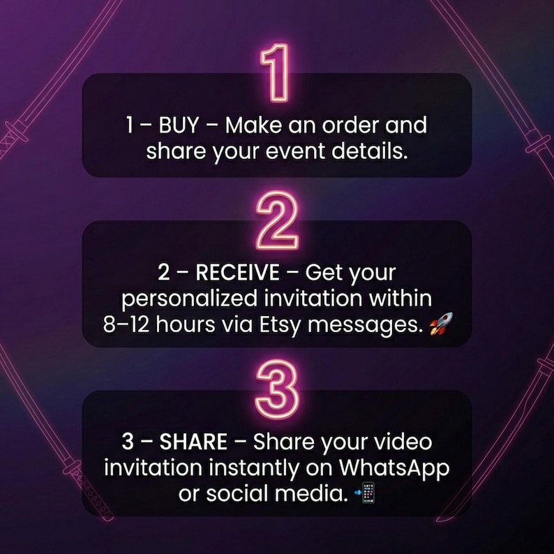 May include: A graphic with a purple background and neon pink accents. It details the steps to receive a personalized video invitation: Buy, Receive within 8-12 hours, and Share on social media. The image includes a rocket and phone icon.