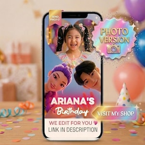 May include: A smartphone displays a birthday-themed graphic with the text "ARIANA'S Birthday". The design features cartoon illustrations and the words "WE EDIT FOR YOU" and "LINK IN DESCRIPTION". A "PHOTO VERSION" badge is also visible.