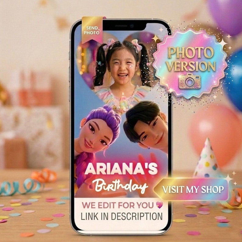 May include: A smartphone displays a birthday-themed graphic with the text "ARIANA'S Birthday". The design features cartoon illustrations and the words "WE EDIT FOR YOU" and "LINK IN DESCRIPTION". A "PHOTO VERSION" badge is also visible.