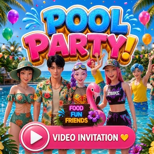 Kpop Pool Party  Animated Movie Invitation Video, Personalized Birthday Digital Invite