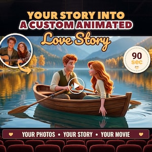 Può includere: Una grafica digitale con il testo YOUR STORY INTO A CUSTOM ANIMATED Love Story. Mostra una coppia animata su una barca a remi in legno su un lago, un riquadro circolare con una coppia reale, un badge 90 sec e il testo YOUR PHOTOS • YOUR STORY • YOUR MOVIE.
