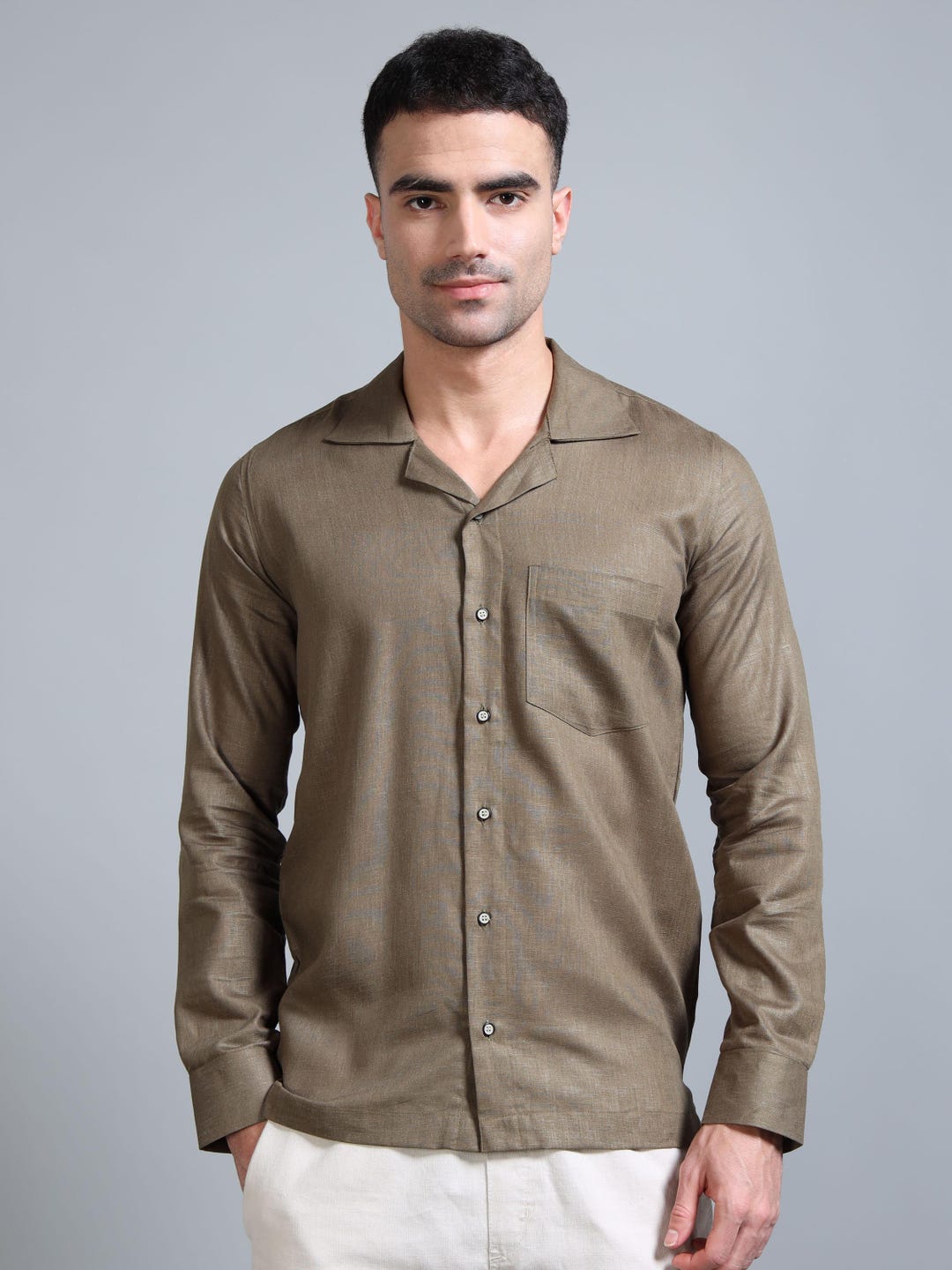 Men's Navy Blue Cuban Collar Comfort Relaxed Fit Chambray Cotton Casual Shirt