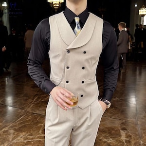 Mens Double Breasted Suit Vest, Slim Fit Formal Event Waistcoat, Wedding Groom Party Tuxedo Vest, Elegant Evening Business Party Vests