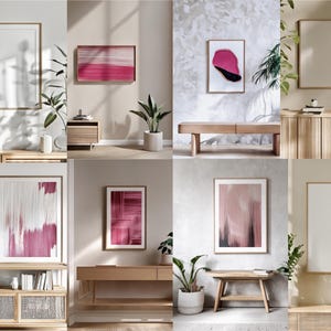 Puede incluir: Una colección de impresiones artísticas enmarcadas y marcos en blanco en un entorno interior moderno. Las obras de arte presentan diseños abstractos en tonos de rosa y blanco, con marcos de madera. La escena incluye plantas y muebles de madera.