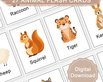 27 Animales Comunes - Tarjetas didácticas ｜ Juegos educativos, memorización de vocabulario, aprendizaje de inglés (descarga e impresión instantáneas)