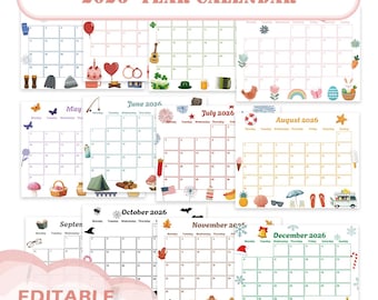 Calendario imprimible 2026, plantilla editable para planificación docente, calendario infantil, calendario de pared para aulas escolares, amigable, festivo