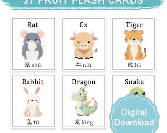 Tarjetas didácticas del zodíaco chino: aprendizaje bilingüe en pinyin e inglés (descarga digital)