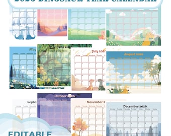 Calendario de dinosaurios imprimible 2026, planificador mensual editable para niños, fanáticos de los dinosaurios, familias y aulas.