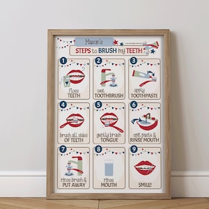 Printable Brush My Teeth Routine Chart, Children's Chart, Editable Name, Blue Theme, Vertical Style