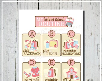 Before School Routine Chart, Pink, Print at Home, Children's School Day