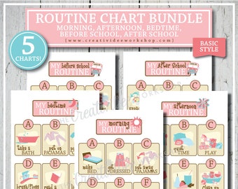 Printable ROUTINE Chart BUNDLE for Children, Morning, Afternoon, Bedtime, Before School and After School, Pink
