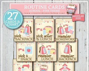 Printable SCHOOL Routine Cards for Kids, Pink, 27 Regular Size