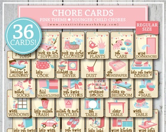 Chore Cards for Younger Children, Pink, 36 Printable Cards and Chart