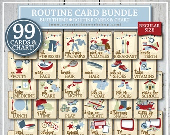 Printable ROUTINE CARD BUNDLE for Children, 99 Blue Cards, Regular Size, Editable Chart