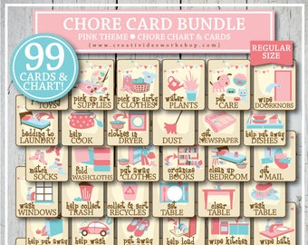 Printable CHORE Cards and Chart for Children, 99 Total, Pink, Regular Size