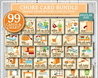 Printable CHORE Cards and Chart for Children, 99 Total, Orange, Regular Size