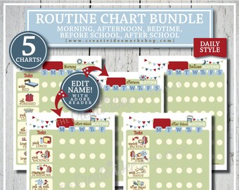 Morning, Afternoon, Bedtime, Before School, After School Printable Children's Routine Chart BUNDLE, Blue, Daily Schedules