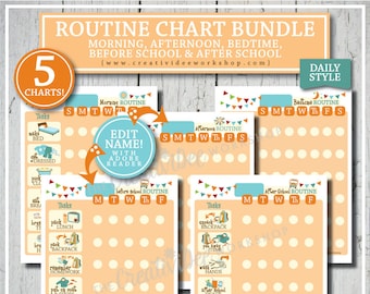 Morning, Afternoon, Bedtime, Before School, After School Printable Routine Chart BUNDLE, Orange, Children's Schedules