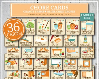 Printable Chore Cards for Older Children, Orange, 36 Cards and Chart, Print at Home