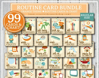 Printable ROUTINE CARD BUNDLE for Kids, 99 Orange Cards, Regular Size, Editable Chart