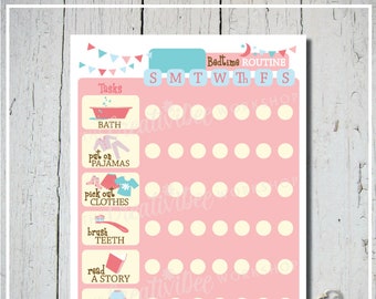 Printable Bedtime Routine Chart for Kids, EDITABLE NAME, Pink, Girl, DAILY Planner