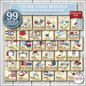 Cartões CHORE para crianças, imprimíveis, 99 cartões de tamanho regular, azul