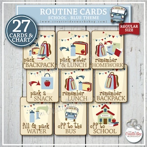 Cartes de routine scolaire pour enfants, 27 cartes de format standard, bleu, à imprimer à la maison