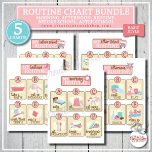 Printable ROUTINE Chart BUNDLE for Children, Morning, Afternoon, Bedtime, Before School and After School, Pink image 1