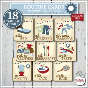 Morning Routine Cards for Children, 18 Cards, Print at Home, Blue, Instant Download
