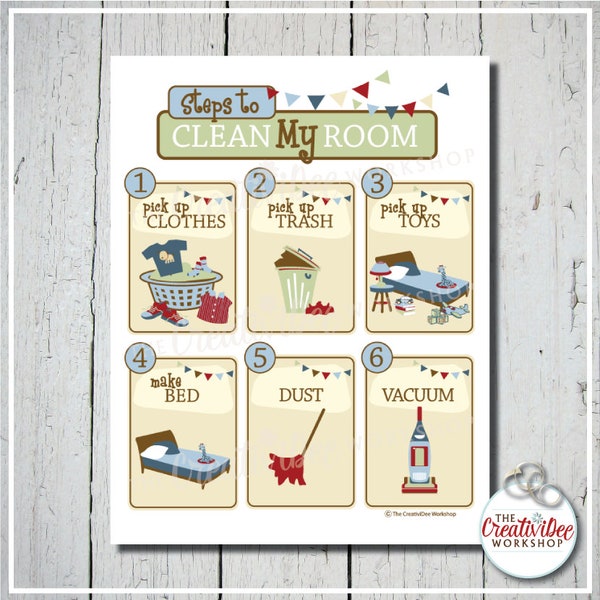 Clean My Room Chart for Children, Blue, Digital File