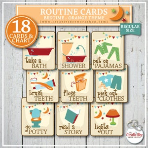 Bedtime Routine Cards for Children, 18 Total Cards, Orange Theme, Evening, Nighttime, Instant Download image 1