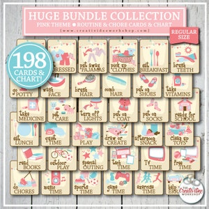 HUGE BUNDLE | 198 Printable Routine AND Chore Cards, Pink, Regular Size, Chart Included