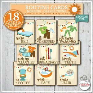 Morning Routine Cards, 18 Cards, Print at Home, Orange