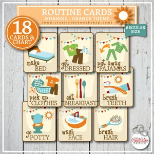 Morning Routine Cards, 18 Cards, Print at Home, Orange image 1