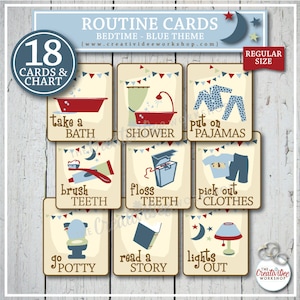 Bedtime Routine Cards for Children, 18 Printable Blue Cards